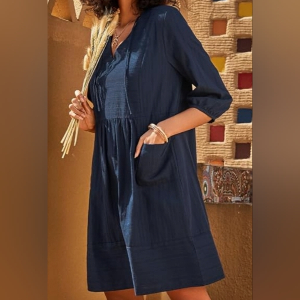 Blue linen Shift Dress with Pockets